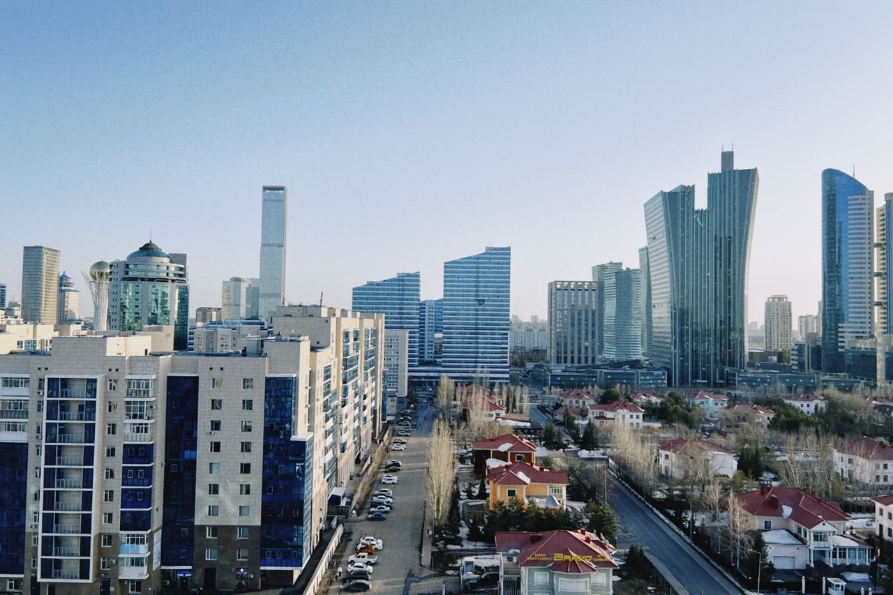 Aerial view of contemporary skyscrapers and urban landscape in Astana, Kazakhstan.